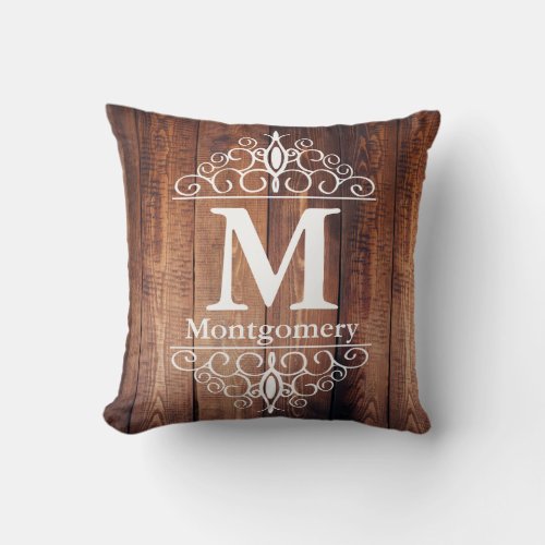 Dark Rustic Wood Planks White Scrolls Monogram Throw Pillow