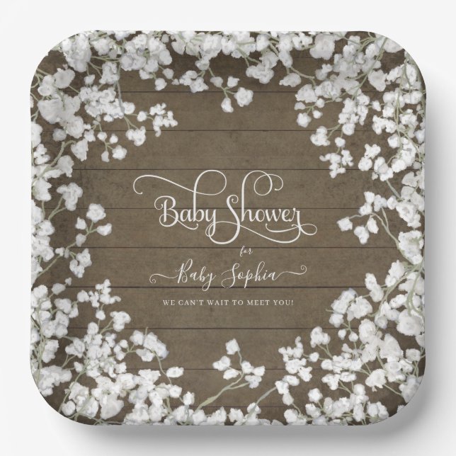 Dark Rustic Wood Script Babys Breath Baby Shower Paper Plates (Front)