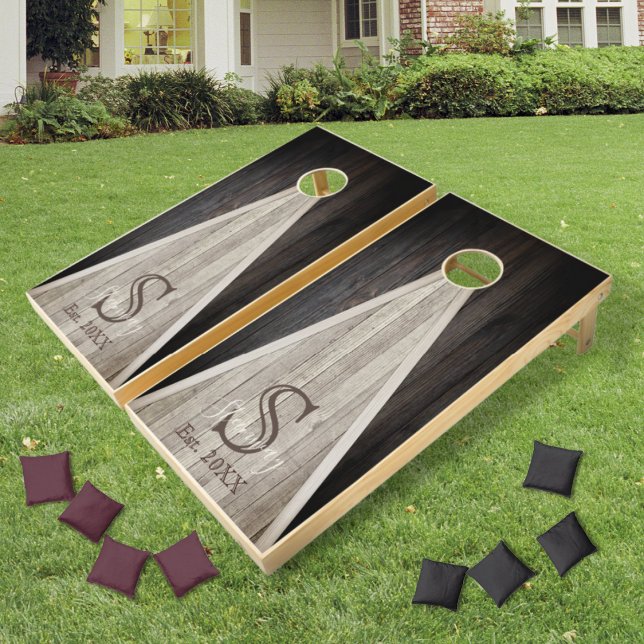 Dark Rustic Wood Tone Monogram Triangle Cornhole Set (Creator Uploaded)