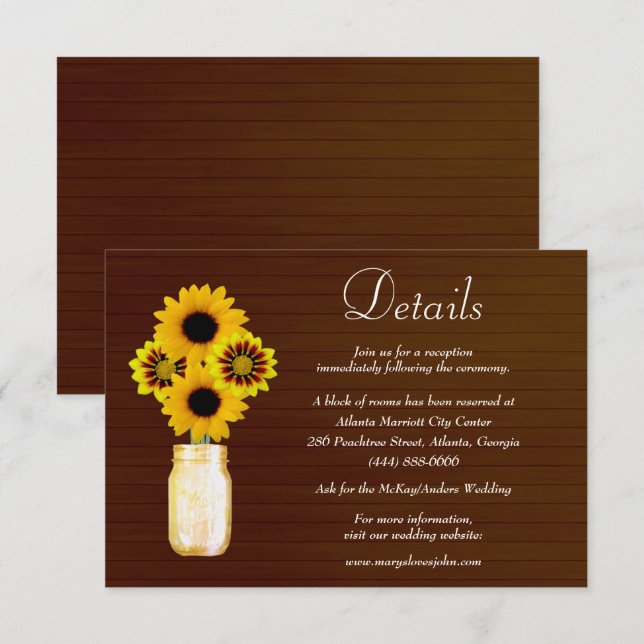 Dark Rustic Yellow Floral Mason Jar Wedding Detail Enclosure Card (Front/Back)