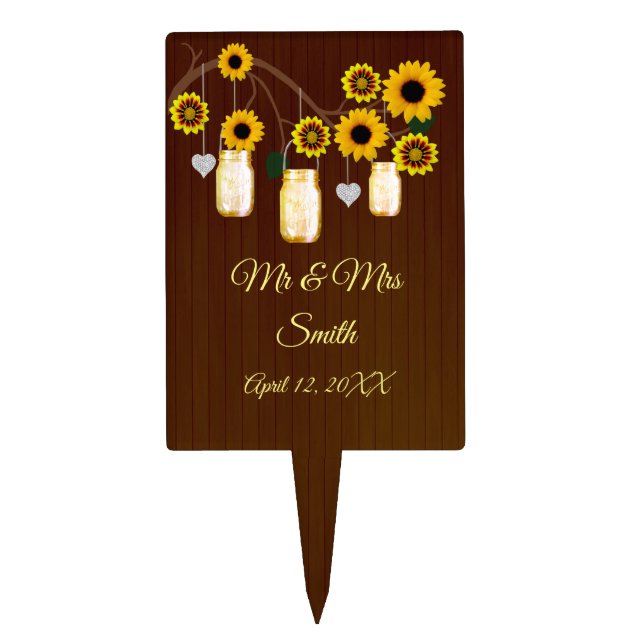 Dark Rustic Yellow Floral Mason Jars Wedding Cake Topper (Front)