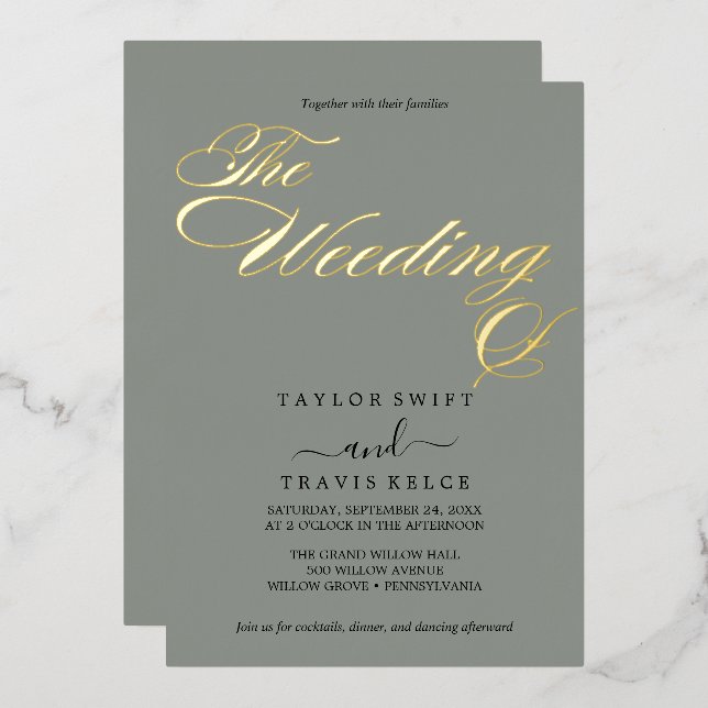 Dark Sage and Gold Foil Elegant Wedding  Foil Invitation (Front/Back)