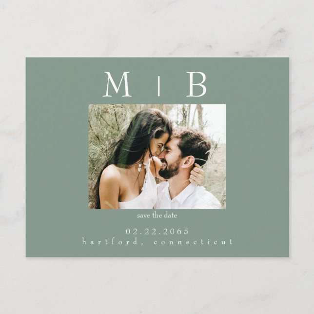 Dark Sage Couple Photo Wedding Save the Date Postcard (Front)