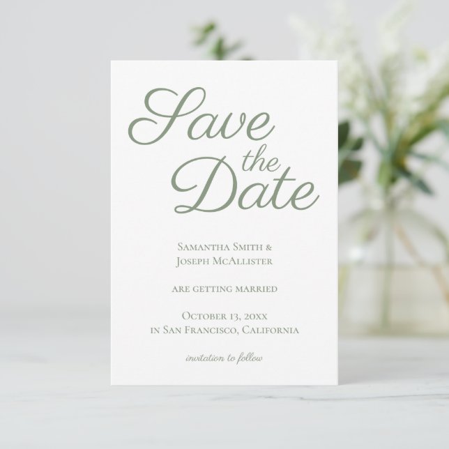 Dark Sage Elegant Calligraphy Save the Date Invitation (Standing Front)