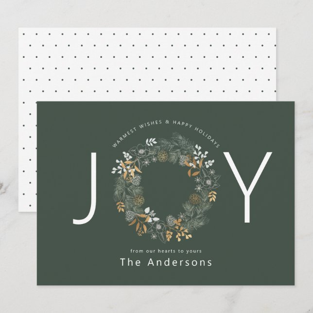 Dark Sage Gold Wreath Joy Holiday Christmas Card (Front/Back)