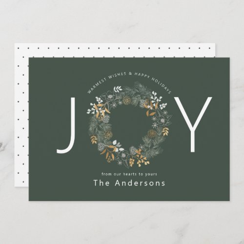 Dark Sage Gold Wreath Joy Holiday Christmas Card