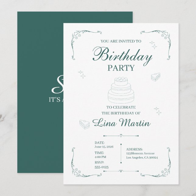 Dark Sage Green Birthday Invitation (Front/Back)