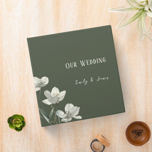 Dark Sage Green Botanical Wedding 3 Ring Binder (In Situ)