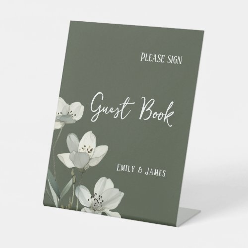 Dark Sage Green Botanical Wedding Pedestal Sign