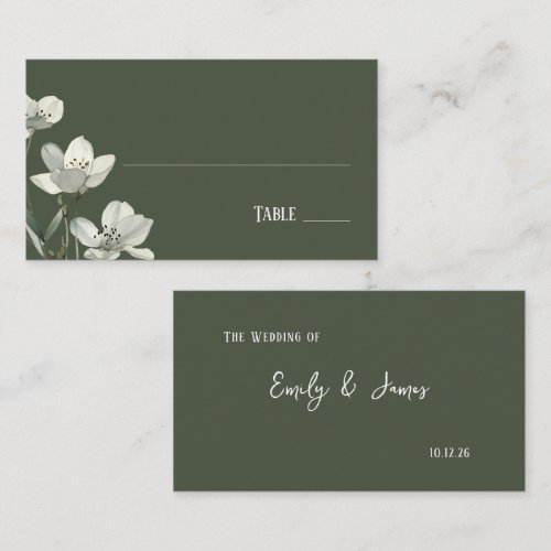Dark Sage Green Botanical Wedding Place Card