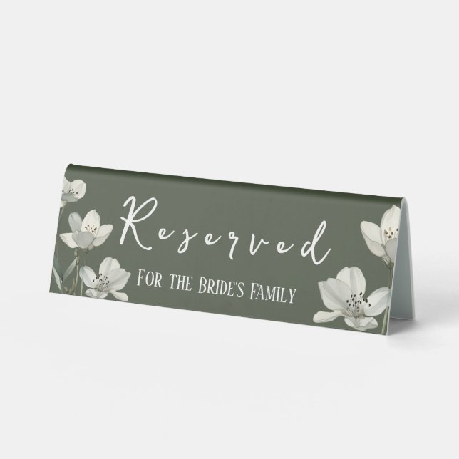 Dark Sage Green Botanical Wedding Table Tent (Front)