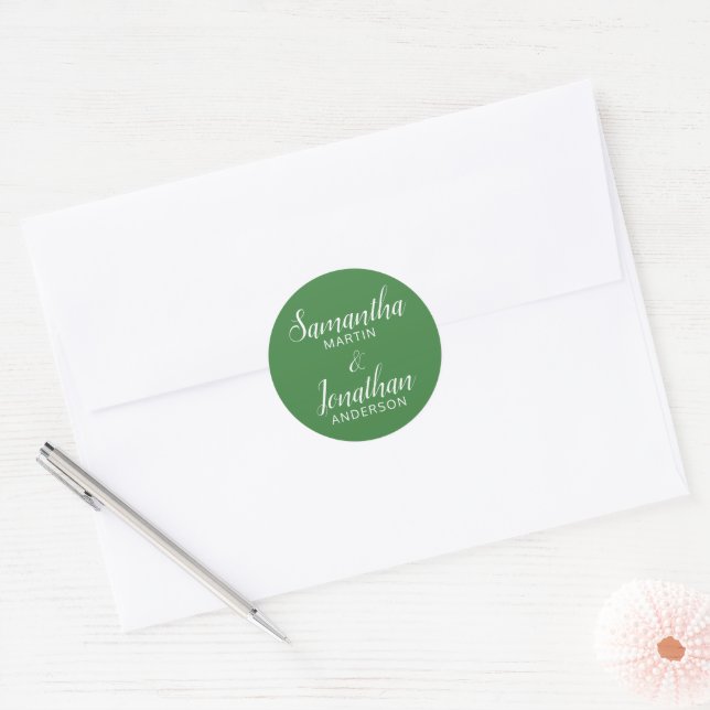 Dark Sage Green Bride and Groom Wedding Classic Round Sticker (Envelope)