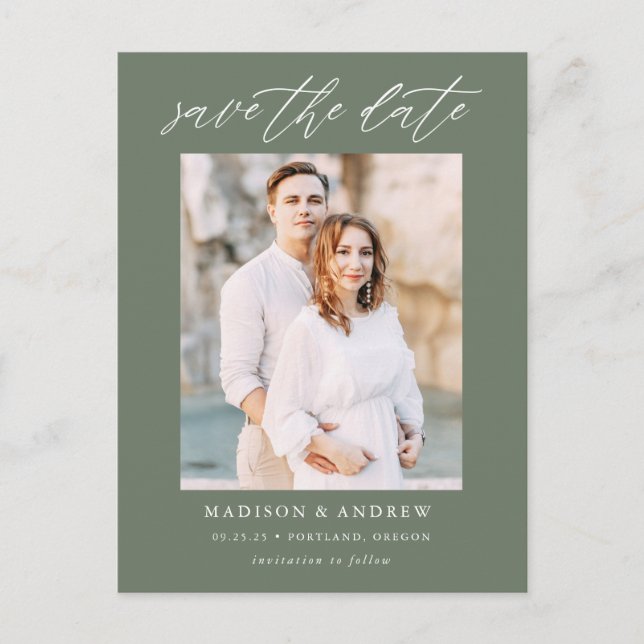 Dark Sage Green Elegant Script Photo Save the Date Announcement Postcard (Front)