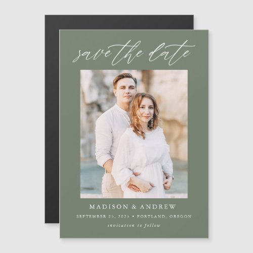 Dark Sage Green Elegant Script Photo Save the Date Magnetic Invitation