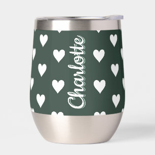 Dark Sage Green Hearts Personalized Name Thermal Wine Tumbler