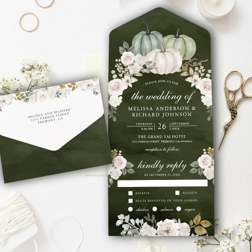 Dark Sage Green Pumpkin and White Floral Wedding All In One Invitation