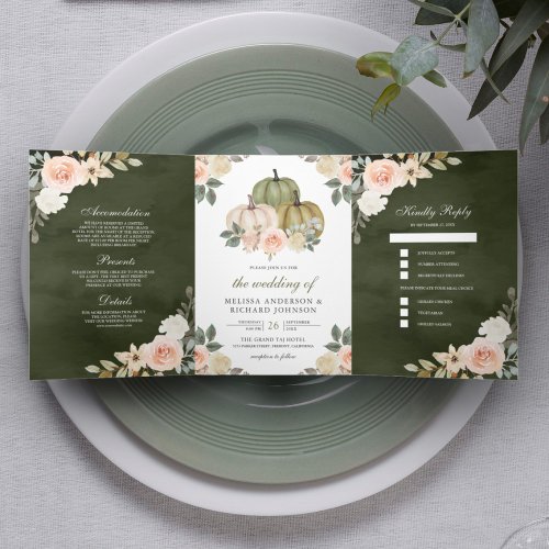 Dark Sage Green Pumpkin Dusty Peach Floral Wedding Tri_Fold Invitation