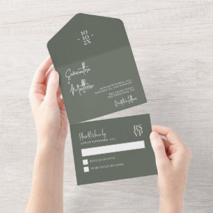Dark Sage Green Simple Modern Minimalist Wedding All In One Invitation