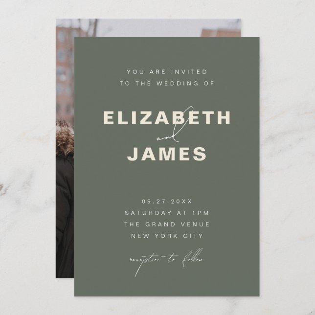 Dark Sage Green Simple Modern Minimalist Wedding Invitation (Front/Back)
