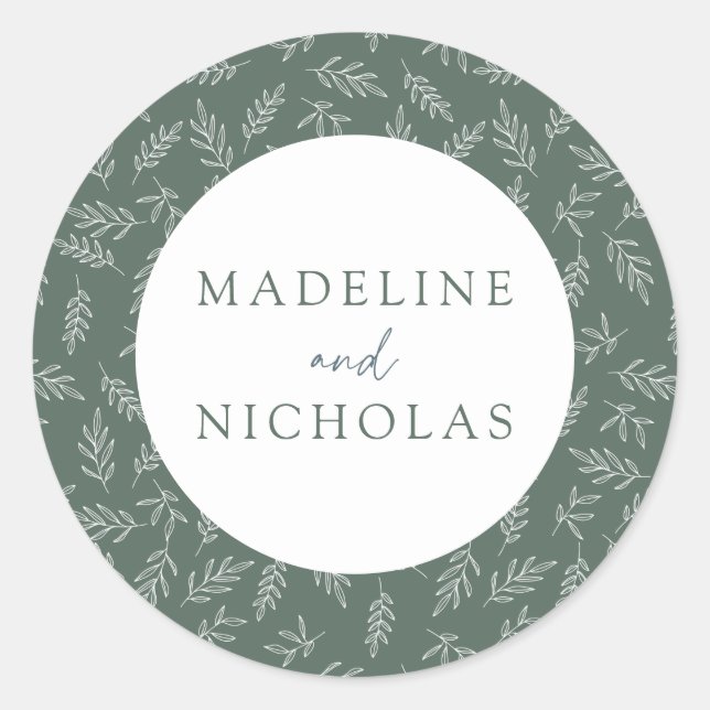 Dark Sage Modern Minimalist Botanical Wedding Classic Round Sticker (Front)