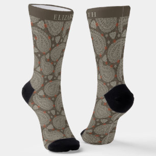 Dark Sage Olive Green Grey Brown Paisley Pattern Socks