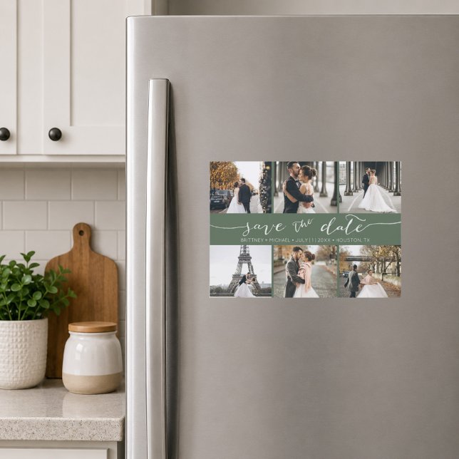 Dark Sage Photo Collage Save the Date (Elegant dark sage green six photo save the date magnet featuring modern handwritten script)
