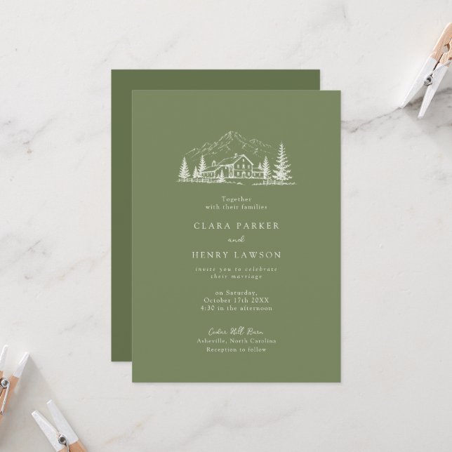 Dark Sage Rustic Mountain Wedding Invitation (Front/Back In Situ)