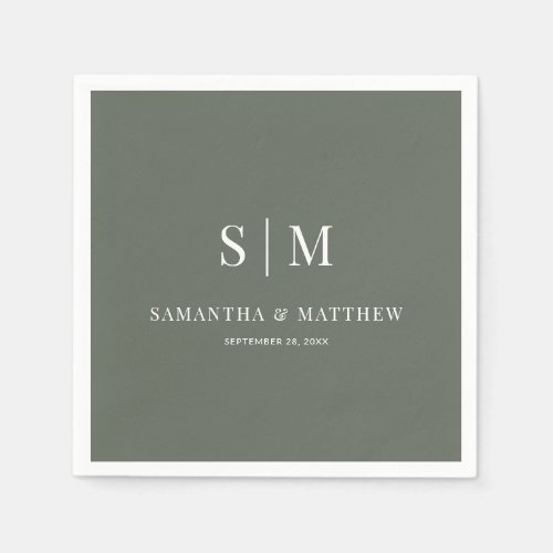 Dark Sage Simple Elegant Couple Initials Wedding Napkins