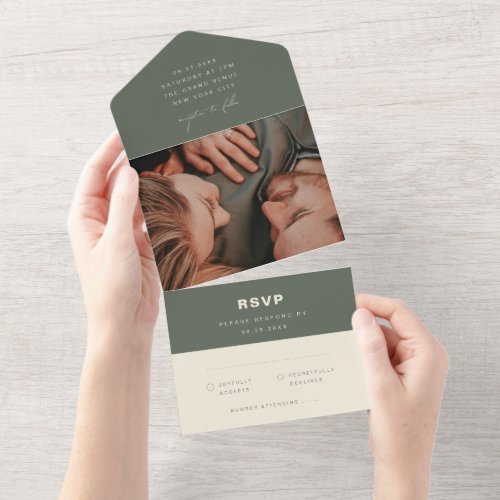 Dark Sage Simple Modern Minimalist Wedding All In One Invitation