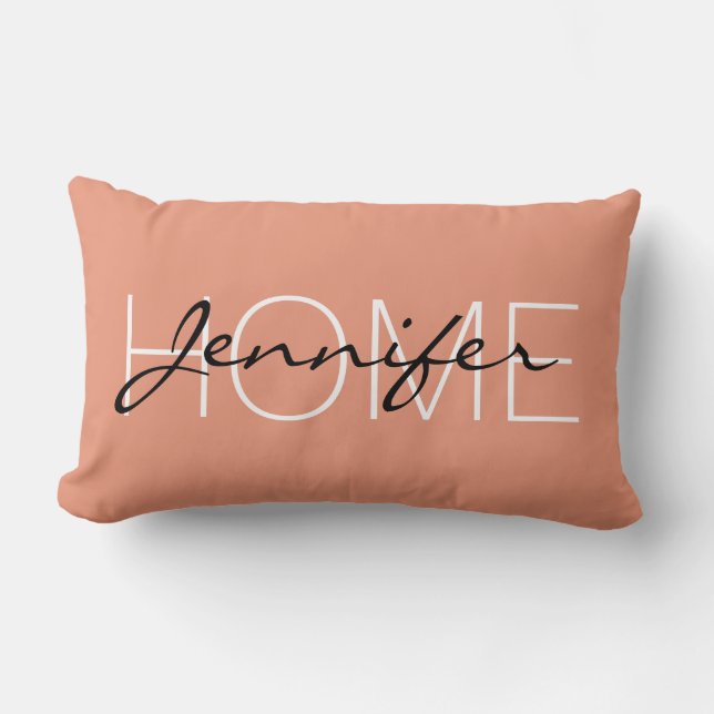 Dark salmon color home monogram lumbar pillow (Front)