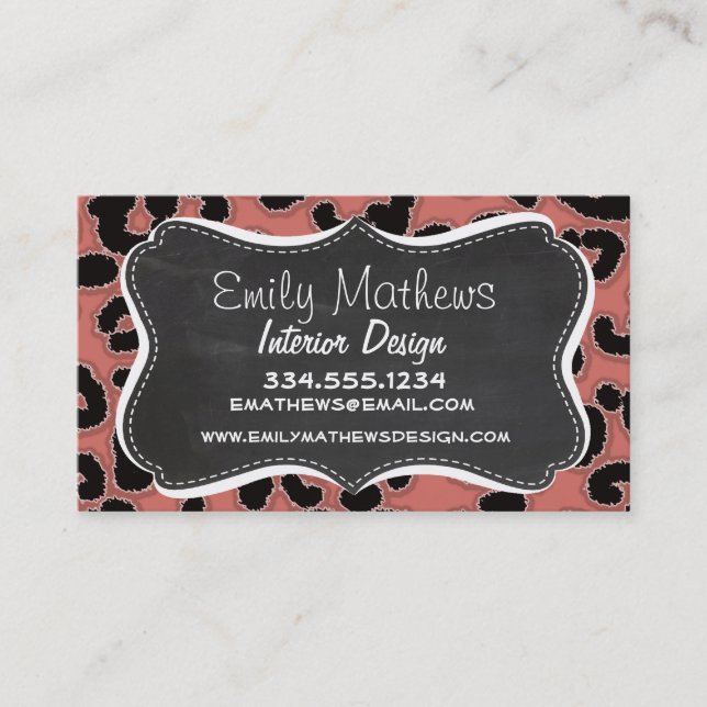 Dark Salmon Leopard; Chalkboard Business Card (Front)