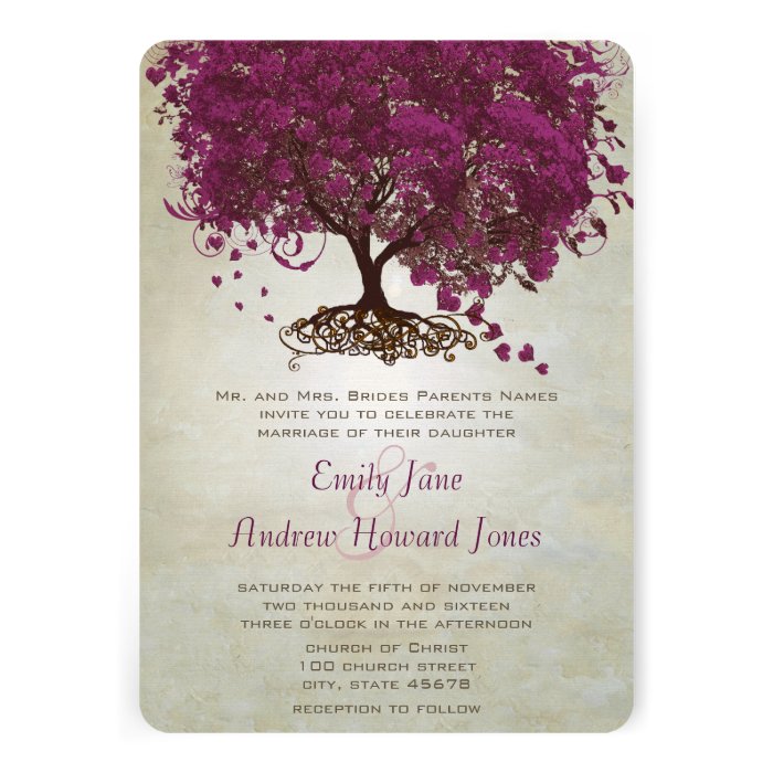 Dark Sangria Heart Leaf Tree Wedding Invites