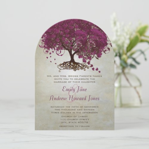Dark Sangria Heart Leaf Tree Wedding Invites