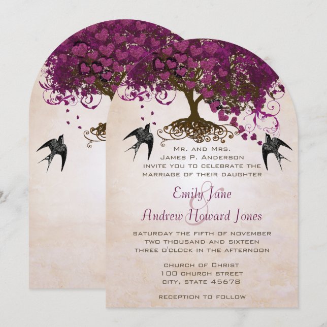 Dark Sangria Heart Leaf Tree Wedding Invites (Front/Back)