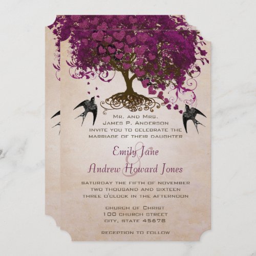 Dark Sangria Heart Leaf Tree Wedding Invites