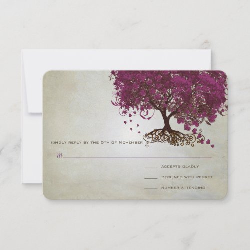 Dark Sangria Heart Leaf Tree Wedding RSVP