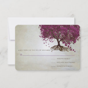 Dark Sangria Heart Leaf Tree Wedding RSVP Card