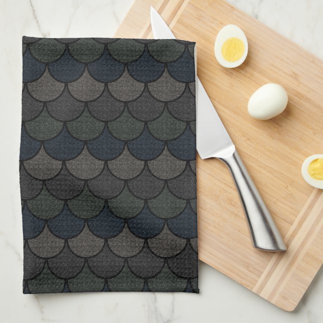 Dark Scalloped Dragon Scale Pattern Kitchen Towel (Quarter Fold)