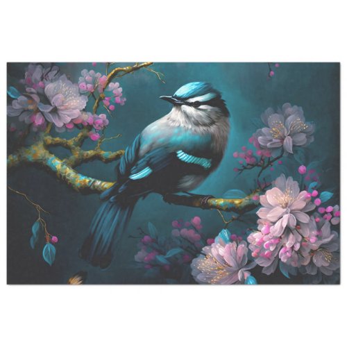 Dark Sea Blue Bird Chinoiserie Cherry Blossoms Tissue Paper