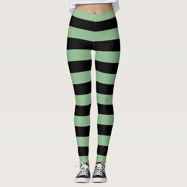 Dark Sea Green and Black Large Horizontal Stripes Leggings (Front)