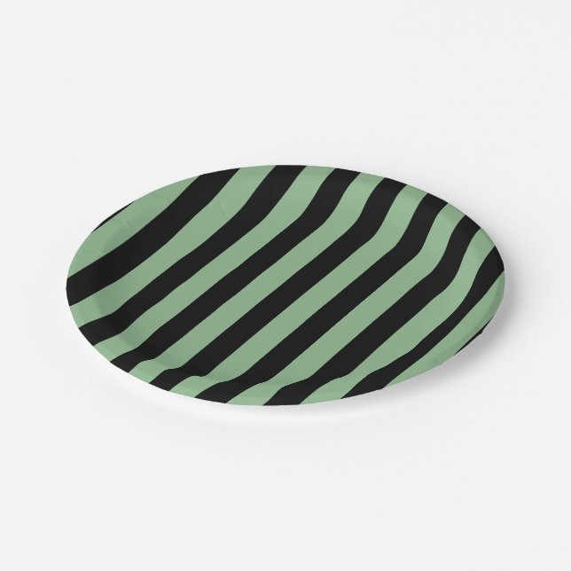 Dark Sea Green and Black Large Size Stripes Paper Plates (Angled)