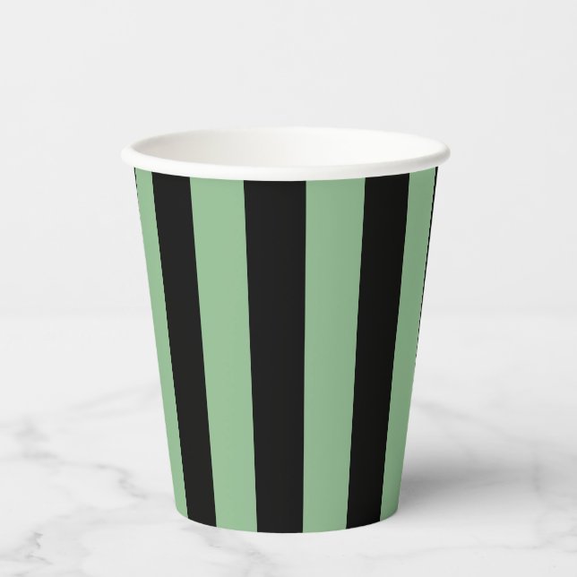 Dark Sea Green and Black Large Vertical Stripes Paper Cups (Front)