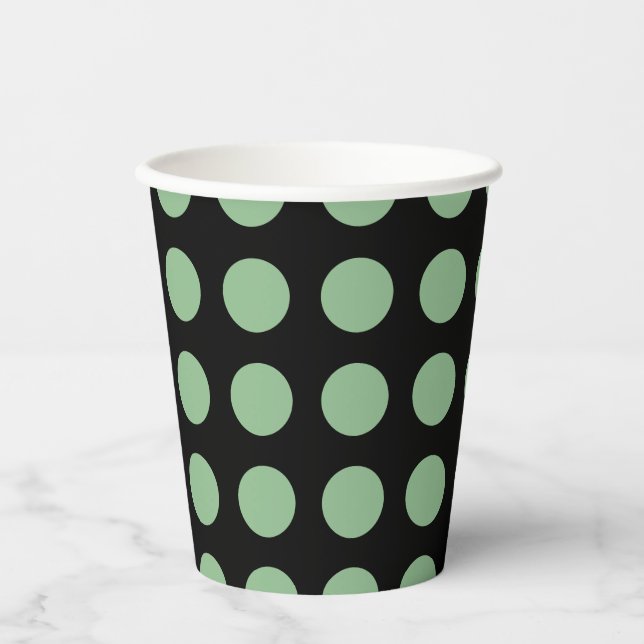 Dark Sea Green on Black Large Horiz. Polka Dots Paper Cups (Front)