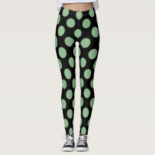 Dark Sea Green on Black Large Size Polka Dots Leggings