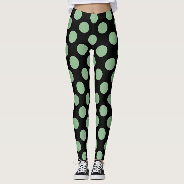 Dark Sea Green on Black Large Size Polka Dots Leggings (Front)