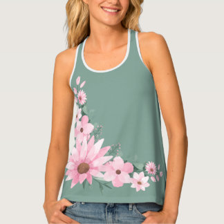 Dark Sea Green & Pink Floral Women's Tank Top