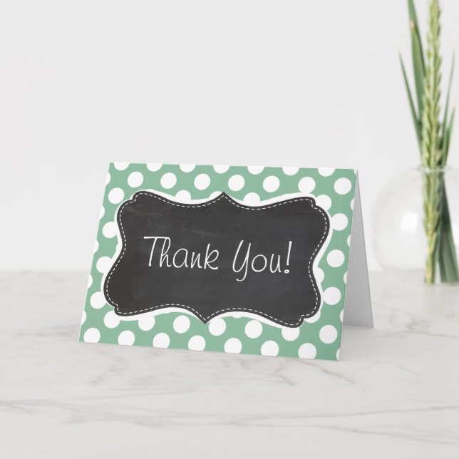 Dark Sea Green Polka Dots; Retro Chalkboard look Thank You Card (Front)