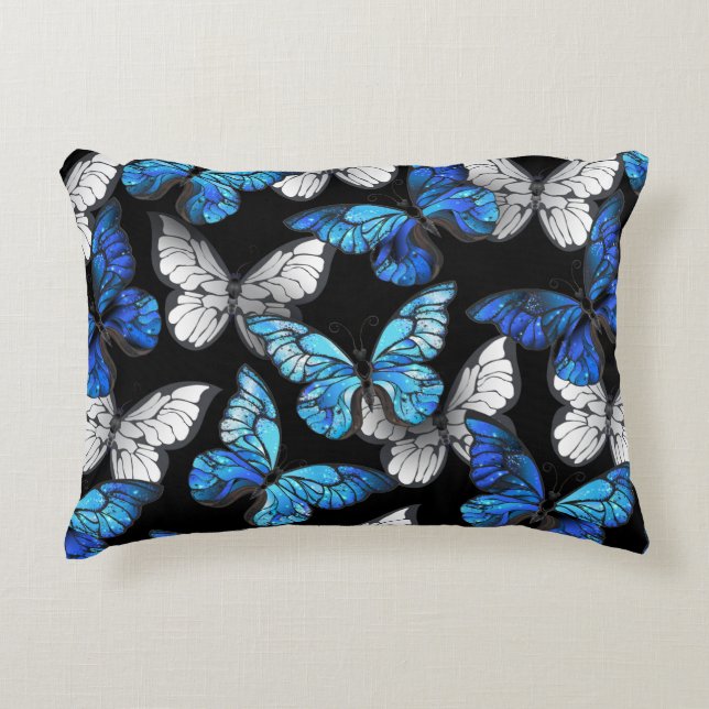 Dark Seamless Pattern with Blue Butterflies Morpho Accent Pillow (Front)