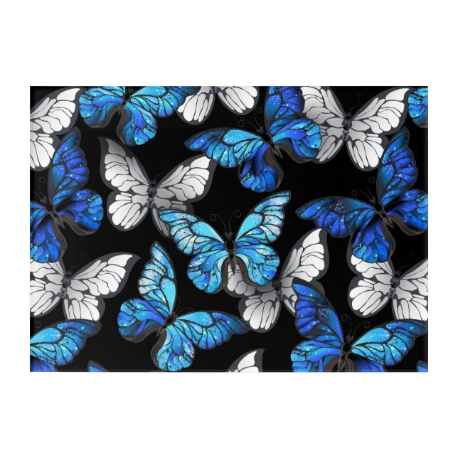Dark Seamless Pattern with Blue Butterflies Morpho Acrylic Print (Front)