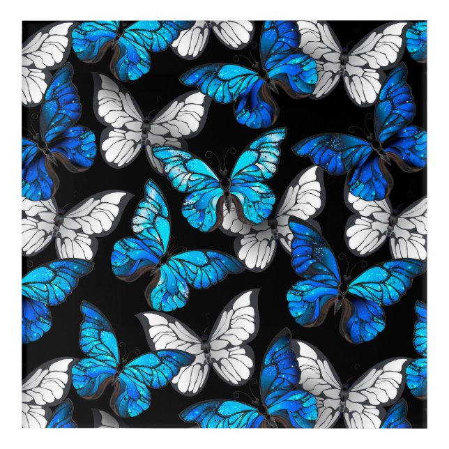 Dark Seamless Pattern with Blue Butterflies Morpho Acrylic Print (Front)